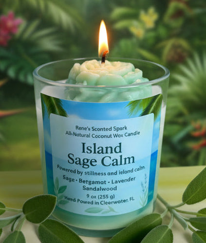 Candle labeled 'Island Sage Calm' with a beach and palm trees in the background