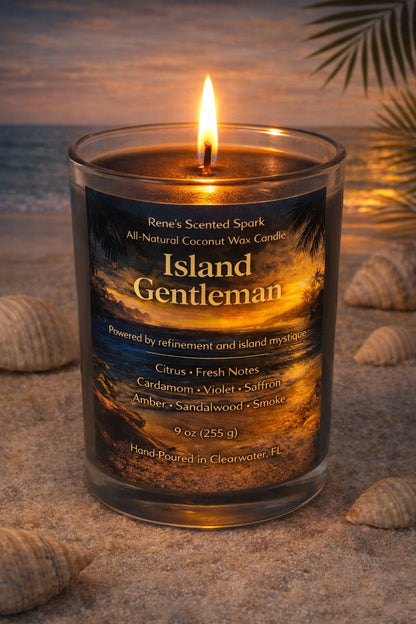 Lit Island Gentleman masculine coconut wax candle in a glass jar with a sunset island-inspired label