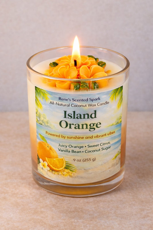 Lit Island Orange coconut wax candle in a glass jar with a tropical beach label and orange citrus scent.