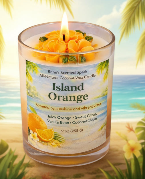 Island Orange candle with a beach background