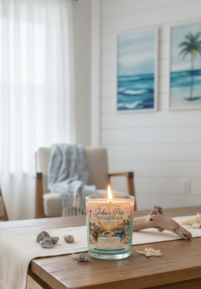 Lit John's Pass Boardwalk coconut wax candle by Rene's Scented Spark displayed on a coastal living room table with driftwood, seashells, and beach-inspired décor, creating a relaxing Florida atmosphere.