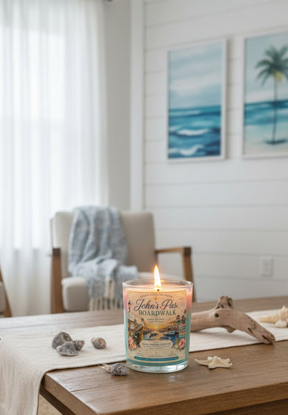 Lit John's Pass Boardwalk coconut wax candle by Rene's Scented Spark displayed on a coastal living room table with driftwood, seashells, and beach-inspired décor, creating a relaxing Florida atmosphere.