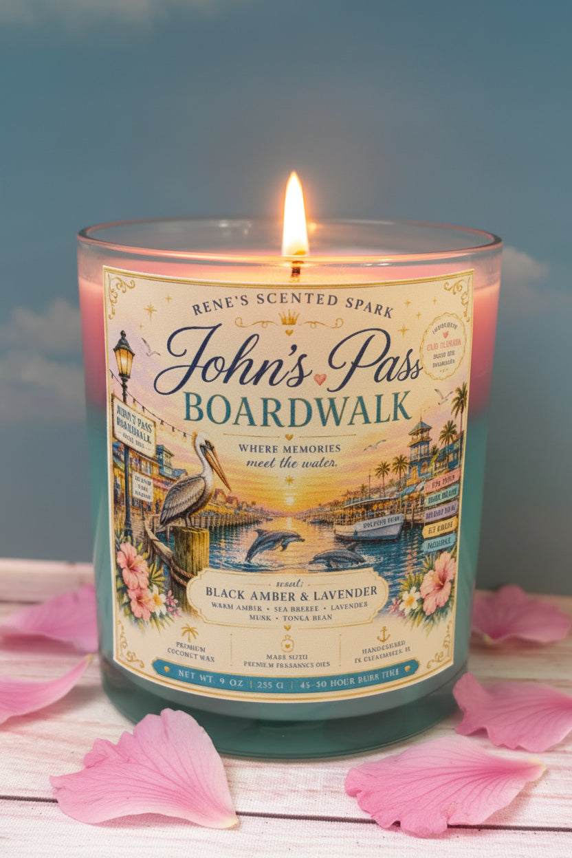 Candle with 'John's Pass Boardwalk' label on a wooden surface with pink petals