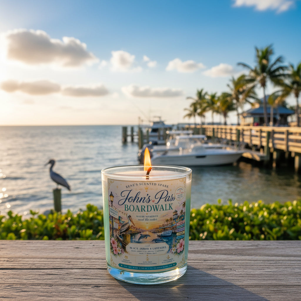 John's Pass Boardwalk | Black Amber & Lavender | Florida Coastal Candle | 9 oz Coconut Wax Candle | Madeira Beach Souvenir