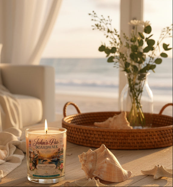 John's Pass Boardwalk | Black Amber & Lavender | Florida Coastal Candle | 9 oz Coconut Wax Candle | Madeira Beach Souvenir