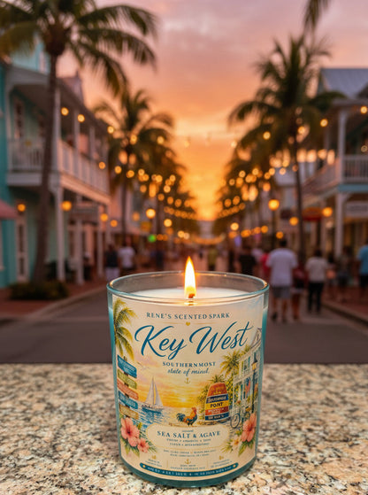Candle labeled 'Key West' on a street with palm trees and sunset in the background