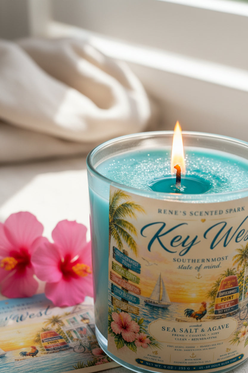 Close-up of Key West Southen most state of mind candle with aqua to deep blue gradient wax layers  with silver glitter