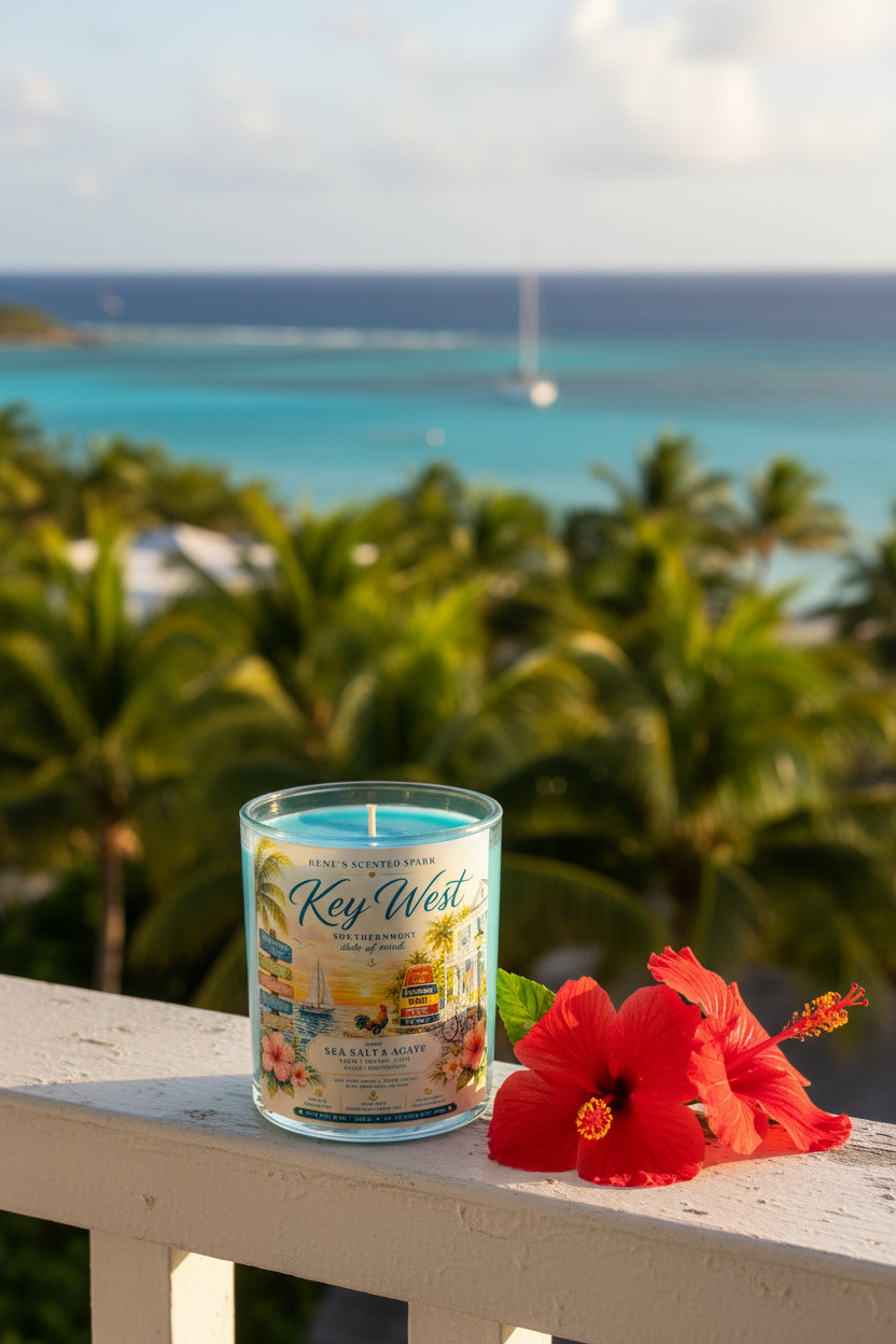Top-down view of Key West candle showing turquoise layered wax and silver shimmer — beach lover gift by Rene's Scented Spark