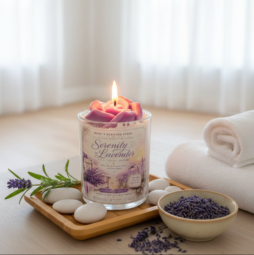 Scented candle with a purple rose-in bed  in  a spa setting