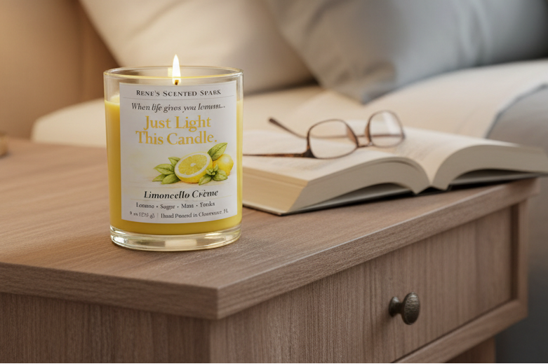 Lit candle with a lemon-themed label on a wooden surface next to an open book and glasses.