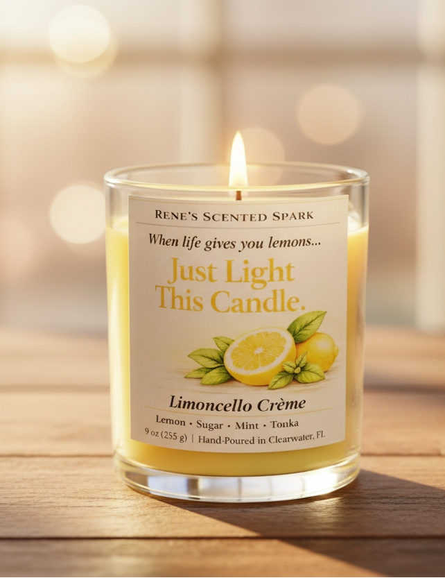 Limoncello Crème yellow coconut wax candle with lemon-themed label surrounded by fresh lemons and green leaves