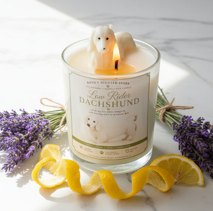 Low Rider | Dachshund Candle | Lavender  and Vanilla Scent | Hand Sculpted Dog  Candle | Renes Scented Spark