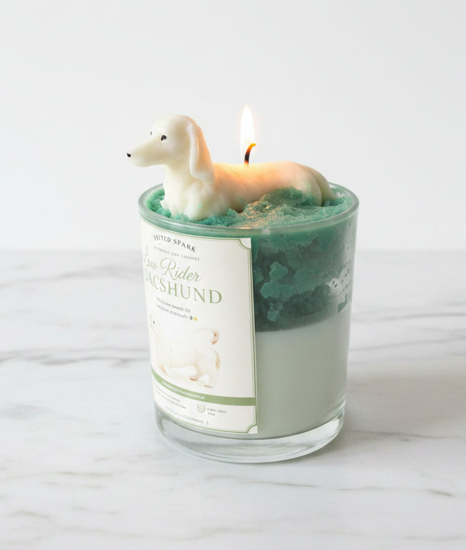 Low Rider Dachshund candle with lit cream dog wax topper on teal green whipped wax on white marble surface