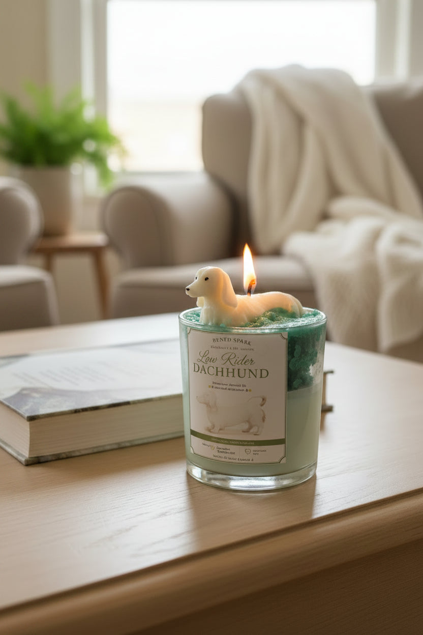 Candle with a dog-shaped wick holder on a table in a cozy living room.