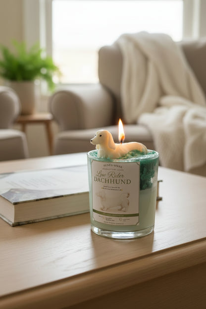 Candle with a dog-shaped wick holder on a table in a cozy living room.