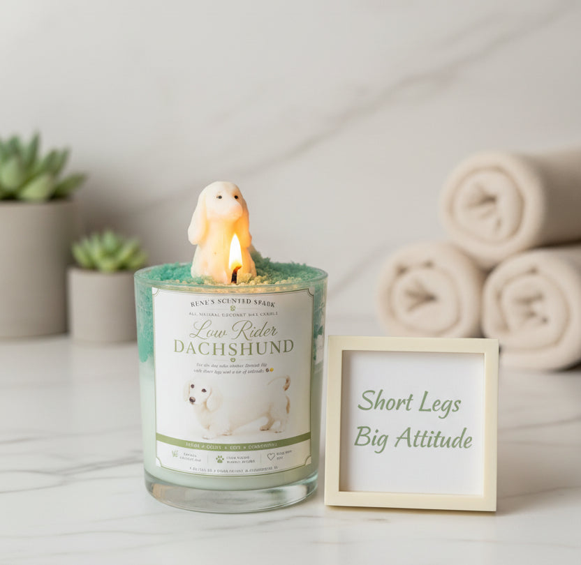 Candle with a dachshund figurine and a sign saying 'Short Legs Big Attitude' on a table.