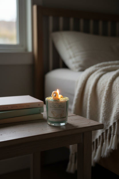Candle on a wooden nightstand with books and a bed in the background