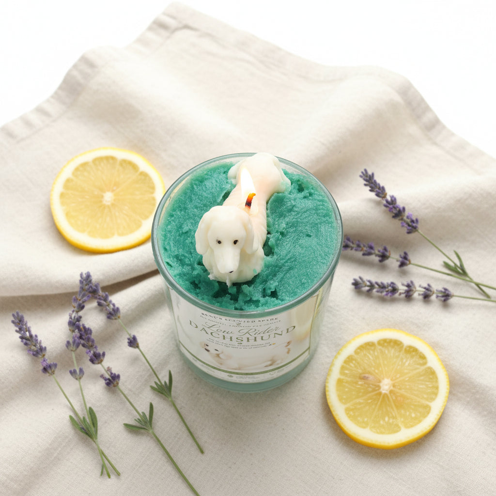 Low Rider Dachshund candle with cream dog topper on teal green wax with lemon slices and lavender on linen cloth