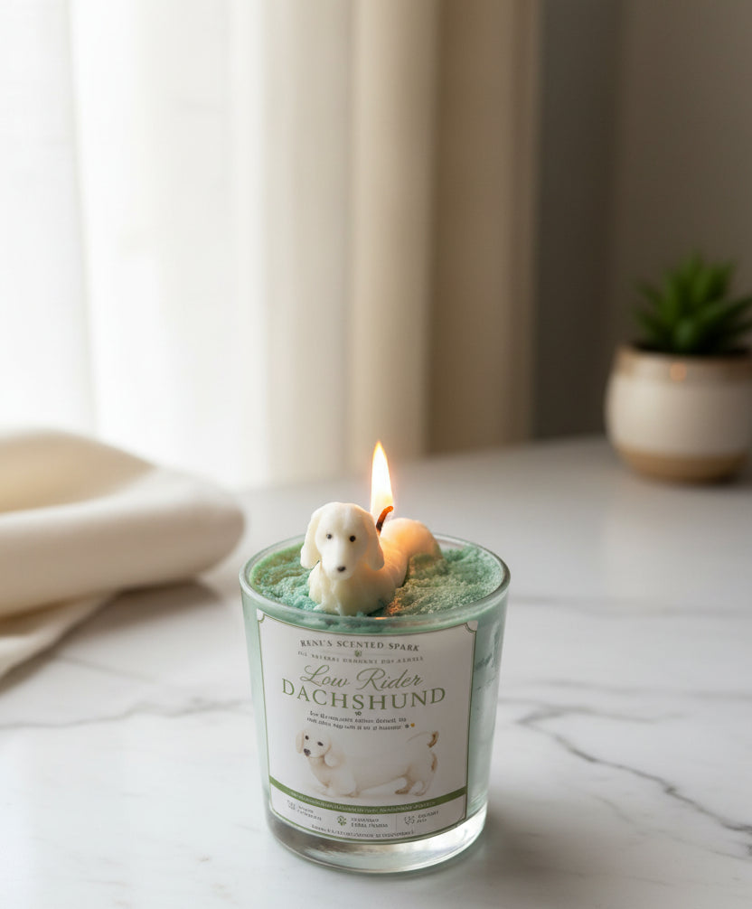 Low Rider | Dachshund Candle | Lavender  and Vanilla Scent | Hand Sculpted Dog  Candle | Renes Scented Spark