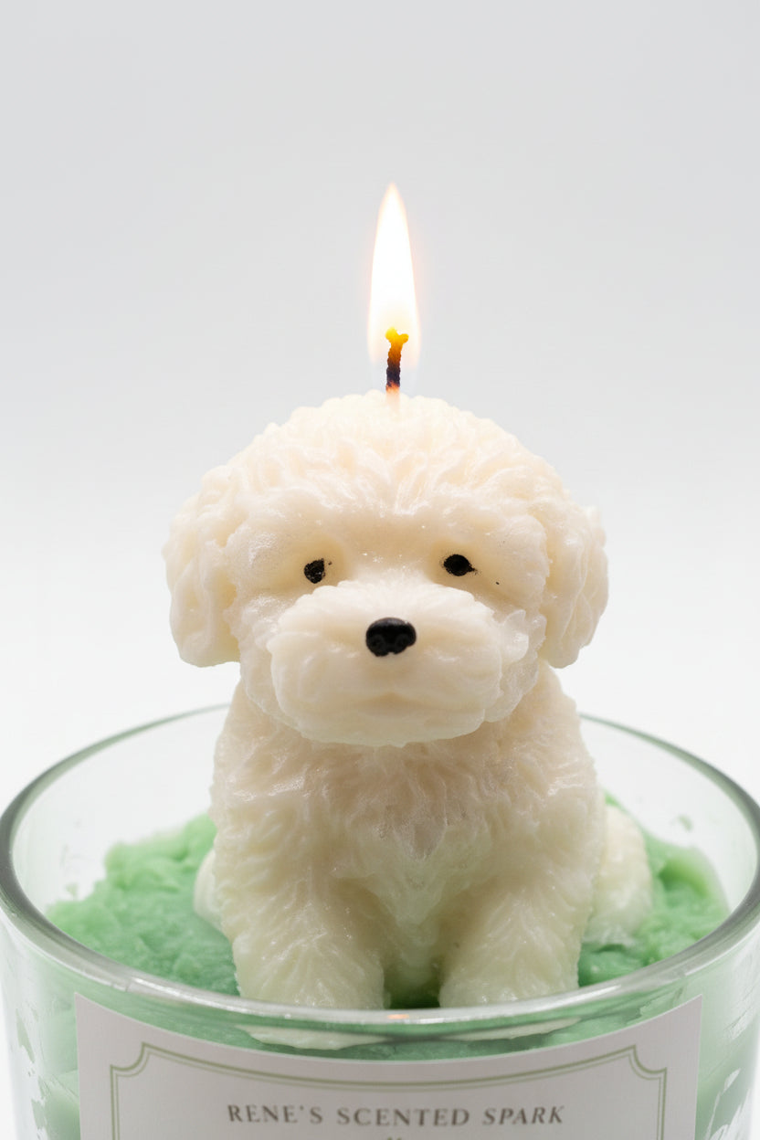 Luxury Maltese candle gift with sculpted wax topper and blue floral styling