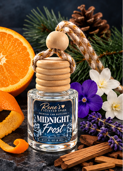 Midnight Frost car freshener by Rene’s Scented Spark styled with fresh orange, pine, violet, lavender, white florals, and warm wood accents.