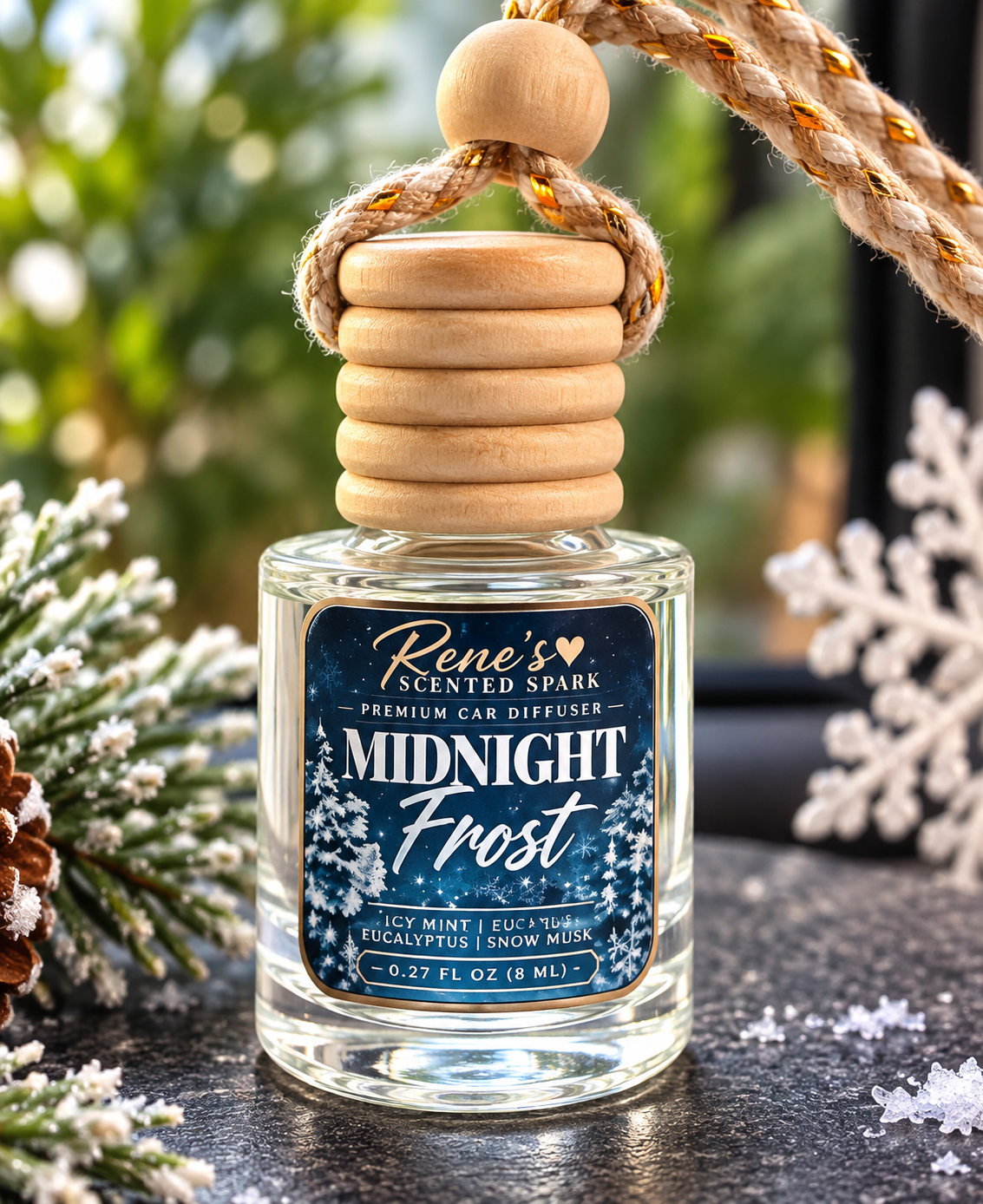 Midnight Frost hanging car freshener by Rene’s Scented Spark displayed with frosted pine branches, pinecones, and icy winter accents.