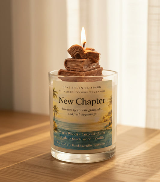 Lit New Chapter candle sitting on a wooden surface with warm morning sunlight shining through sheer curtains.