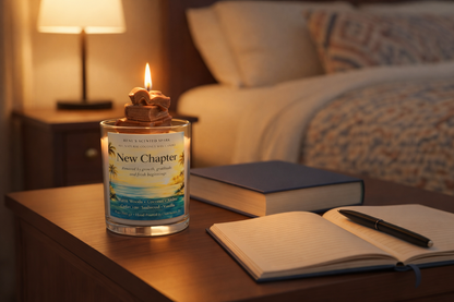 Candle in a can labeled 'New Chapter' on a table with a notebook and pen, in a cozy room setting.