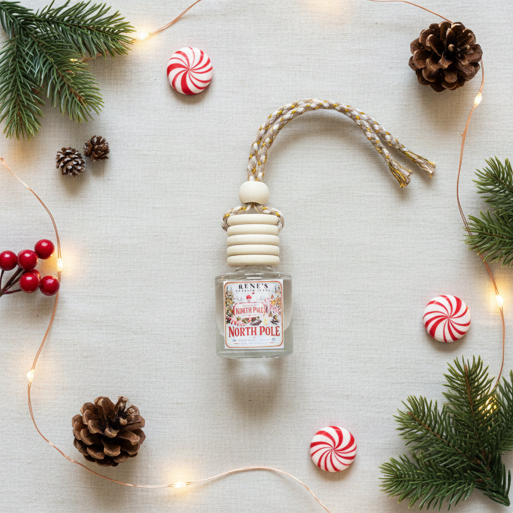 North Pole peppermint and vanilla car freshener by Rene’s Scented Spark styled with peppermint candies, evergreen branches, pinecones, red berries, and warm Christmas lights
