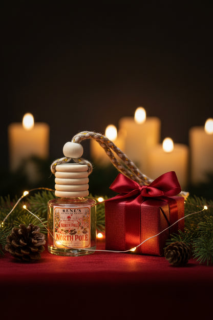 North Pole peppermint and vanilla car freshener by Rene’s Scented Spark displayed beside a red Christmas gift with evergreen branches, pinecones, warm fairy lights, and glowing candles.