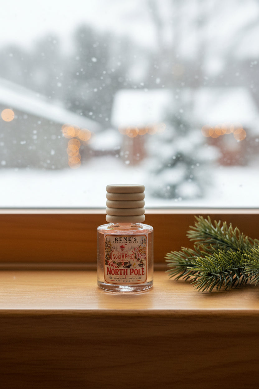 North Pole peppermint and vanilla car freshener by Rene’s Scented Spark displayed on a wooden windowsill with an evergreen branch and a softly falling snowy winter scene outside.