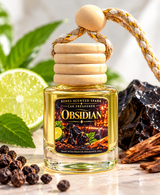 Obsidian leather and sandalwood car air freshener with wooden cap, styled with lime slices, spices and stones