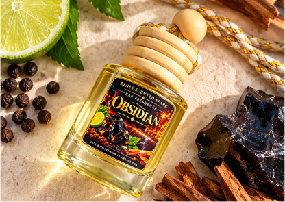 Obsidian car air freshener with lime slices and spices against a softly blurred beach background