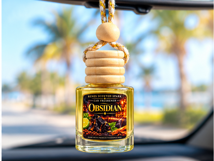 Obsidian hanging car fragrance diffuser with wooden cap and cord, styled with lime slices, spices and rocks