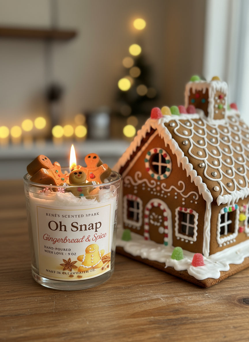 Gingerbread-themed candle with gingerbread men and a gingerbread house on a wooden surface.