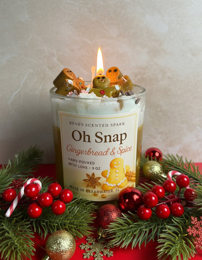 Gingerbread-themed candle with decorative elements on a festive background