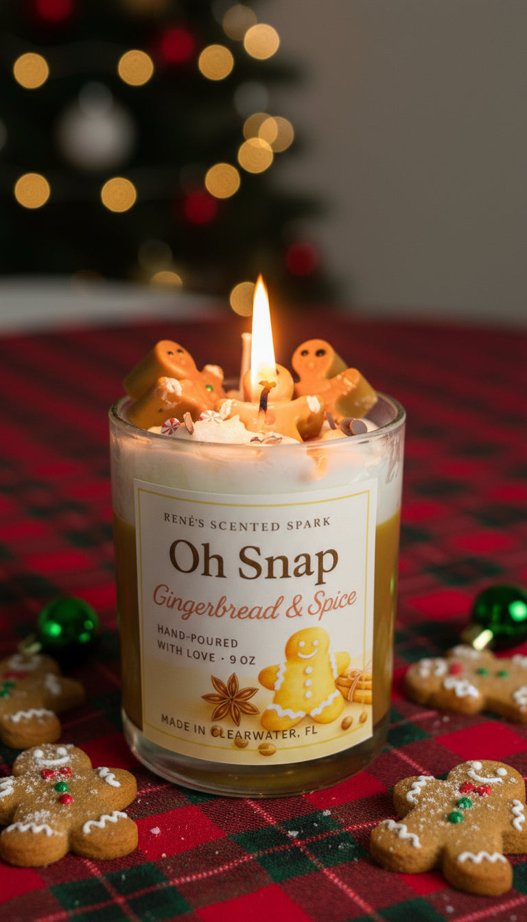 Gingerbread-themed candle with gingerbread men on top, surrounded by Christmas decorations.