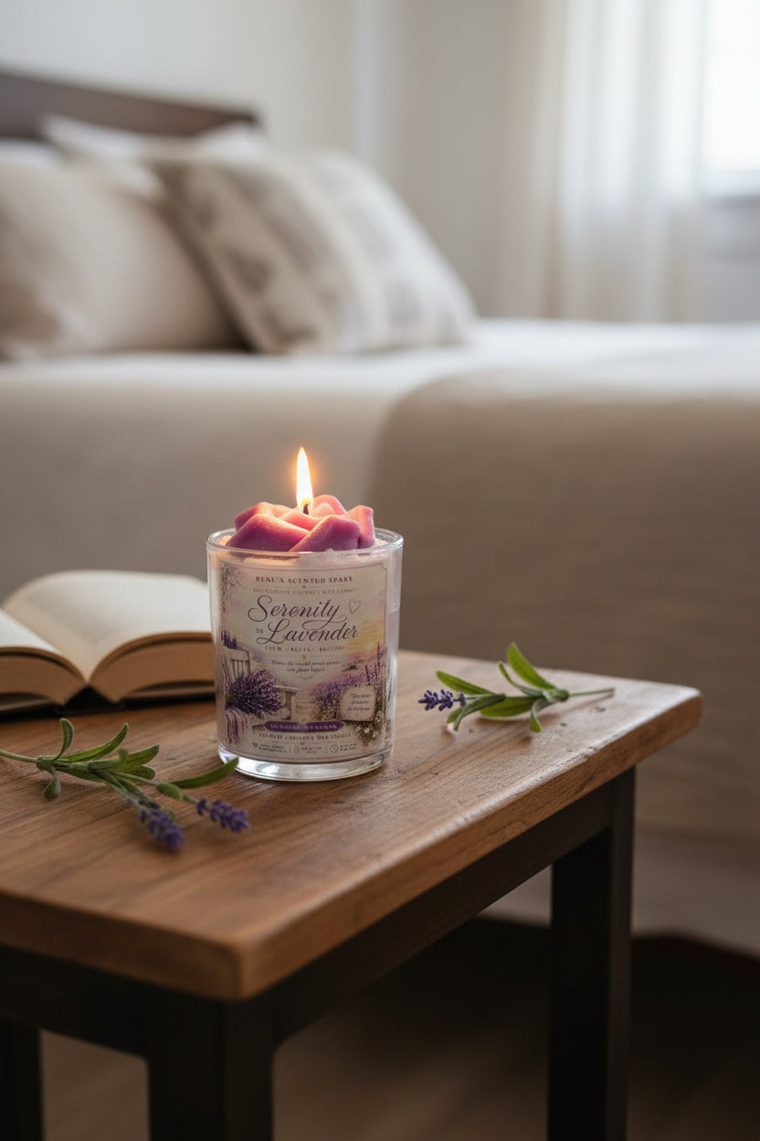 Scented candle labeled 'Serenity in Lavender' with a purple rose in a bedroom setting