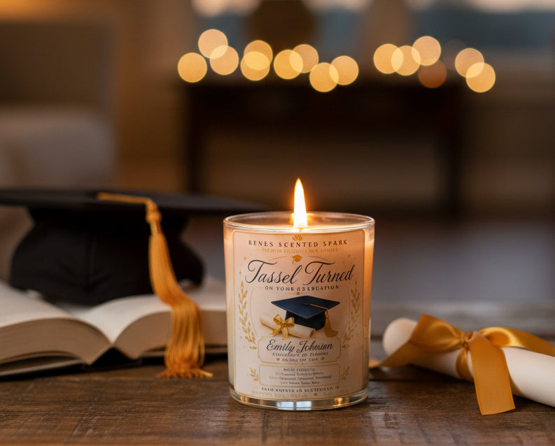 Personalized Tassel Turned graduation candle displayed with a graduation cap, diploma, and open book. Handmade coconut wax candle with a custom graduate name, perfect for high school, college, nursing, medical, law, and trade school graduation gifts.