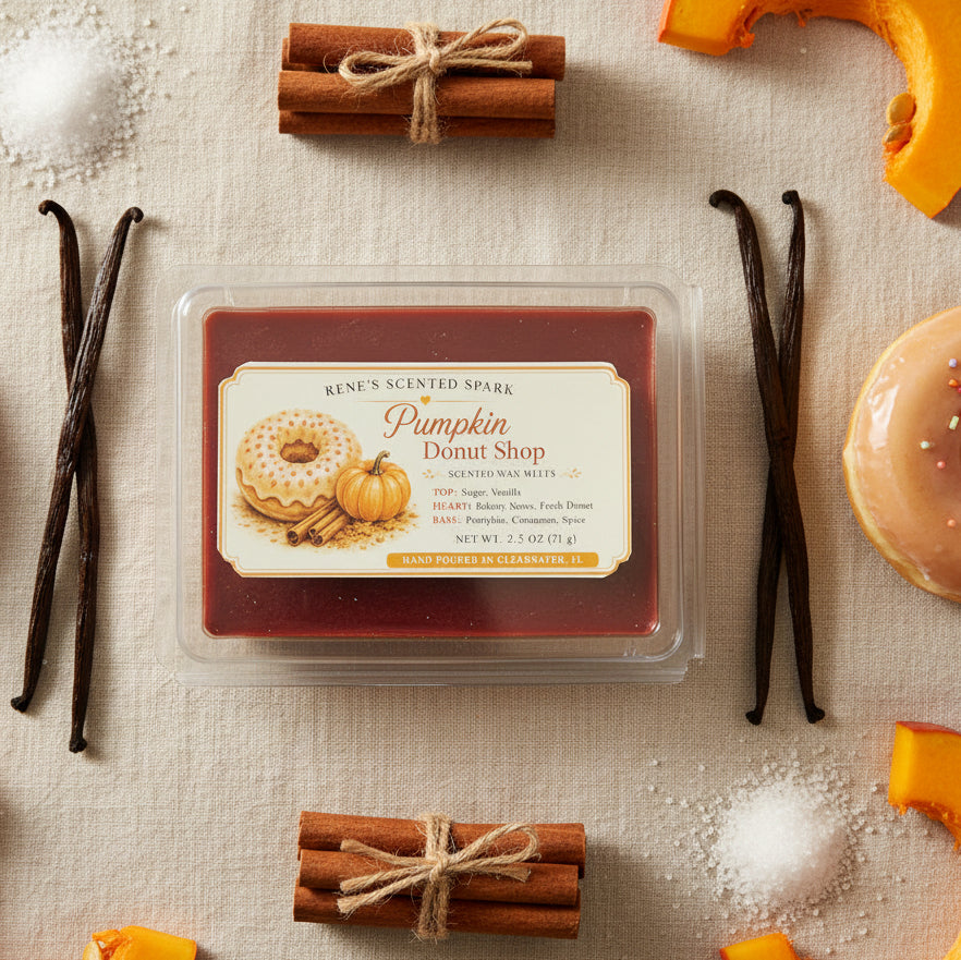 Pumpkin Donut Shop scented wax melts surrounded by pumpkin, vanilla beans, cinnamon sticks, sugar and a glazed donut in a warm fall flat lay.