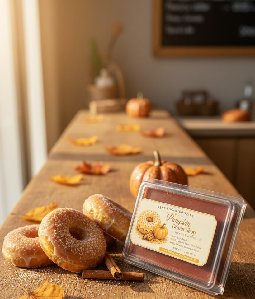 Pumpkin Donut Shop scented wax melts displayed with sugar donuts, cinnamon sticks and a small pumpkin in a cozy fall bakery setting.