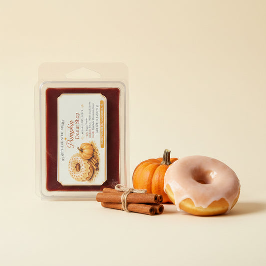 Pumpkin Donut Shop 2.5 oz scented wax melts with glazed donut, pumpkin and cinnamon sticks, hand-poured fall home fragrance.
