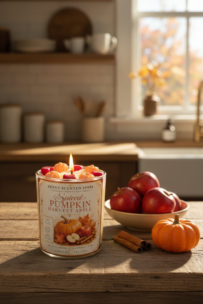 Spiced Pumpkin Harvest Apple coconut wax candle burning in a cozy fall kitchen with red apples, a mini pumpkin, and cinnamon sticks.