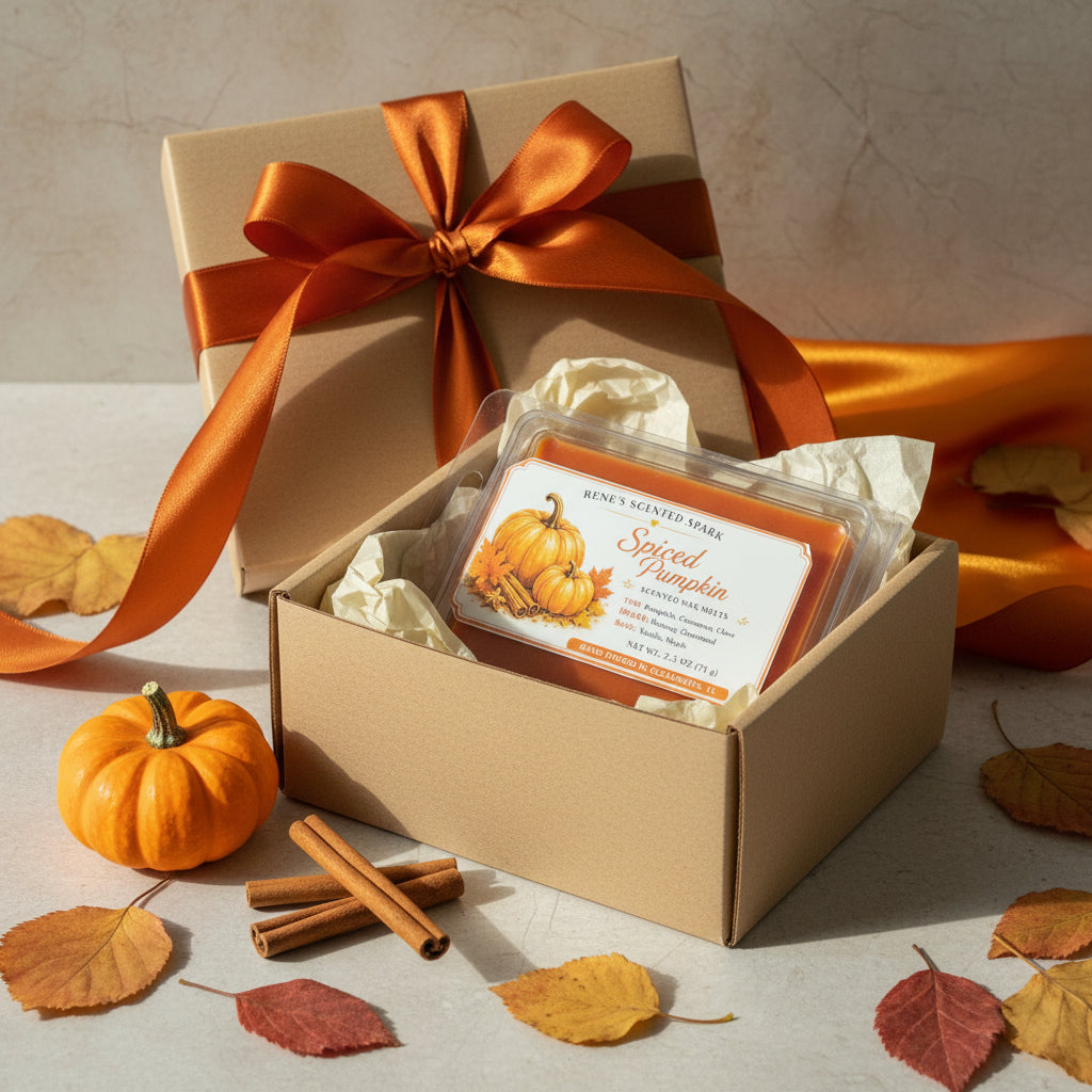 Spiced Pumpkin scented wax melts beside a ceramic wax warmer with an orange wax cube, small pumpkin, cinnamon sticks and fall leaves.