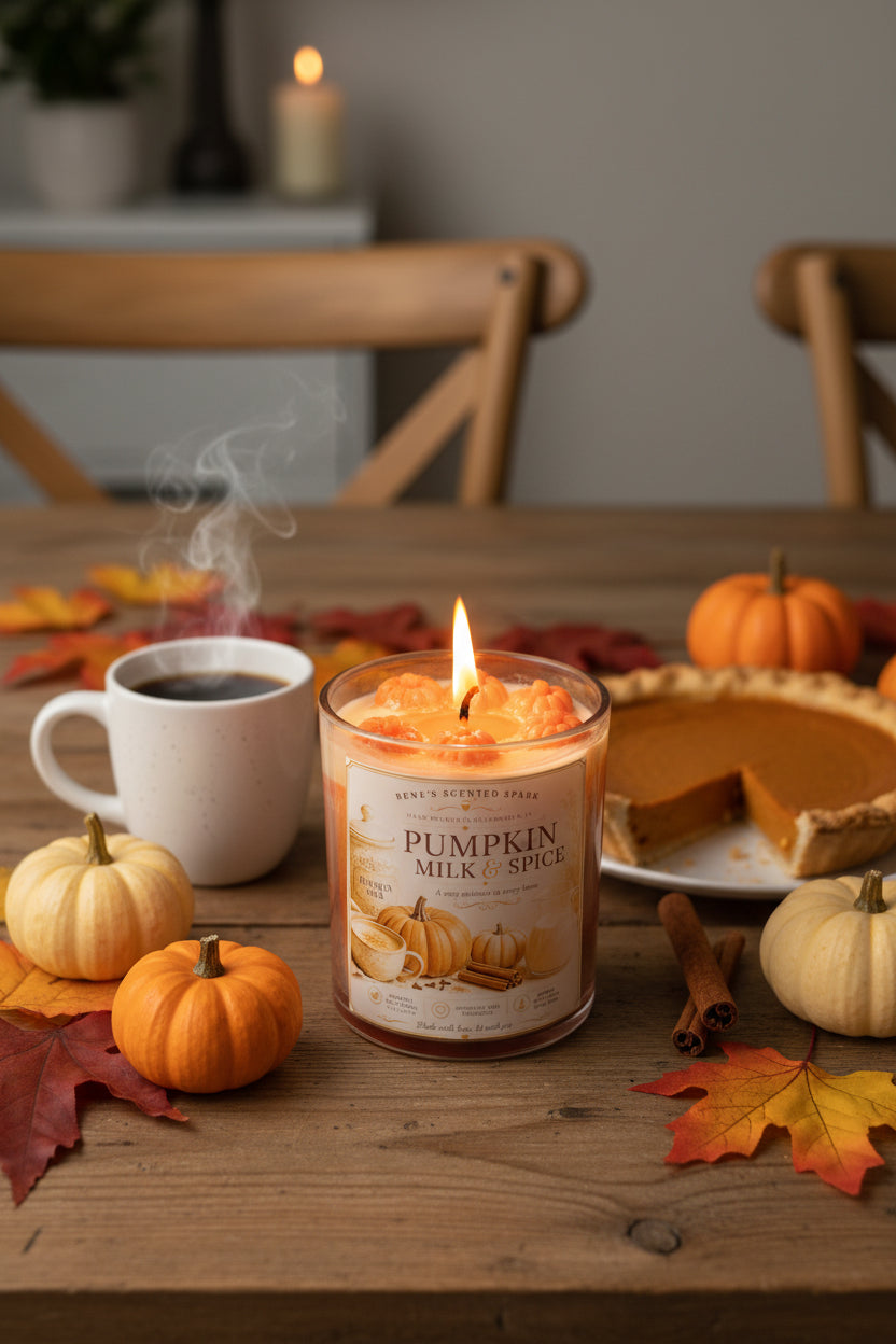 Lit Pumpkin Milk & Spice coconut wax candle by Rene's Scented Spark with a handcrafted pumpkin wax topper, displayed beside a steaming cup of coffee, pumpkin pie, mini pumpkins, cinnamon sticks, and autumn leaves on a rustic wooden table.