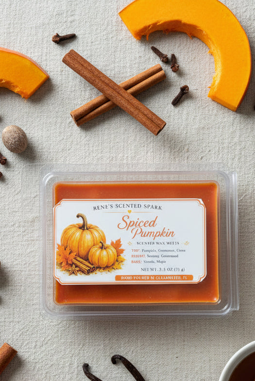 Spiced Pumpkin 2.5 oz scented wax melts arranged with fresh pumpkin, cinnamon sticks, cloves, nutmeg and vanilla beans in a fall flat lay.