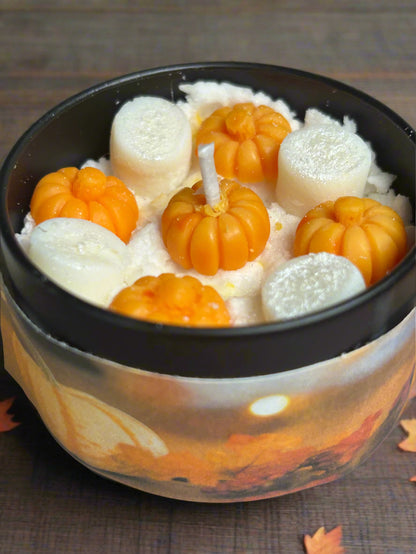 Hand-poured Mini Glow Candle in a 4 oz silver tin with pumpkin design, perfect for fall gifts or custom business branding