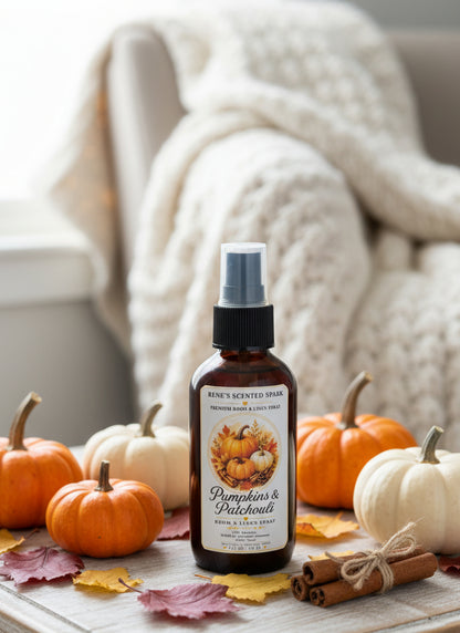 Pumpkins & Patchouli room spray by Rene’s Scented Spark in an amber spray bottle, surrounded by orange and white pumpkins, cinnamon sticks, autumn leaves, and a cozy cream knit blanket.