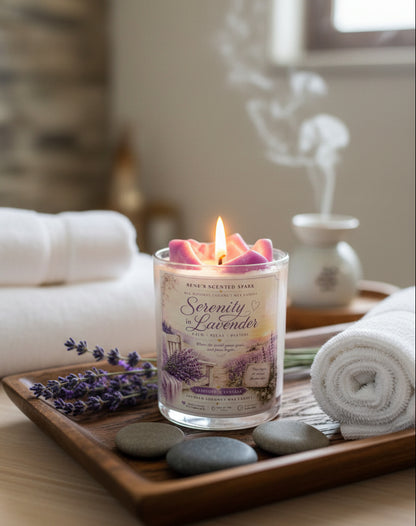 Scented candle labeled 'Serenity in Lavender' on a wooden tray with stones and lavender flowers.