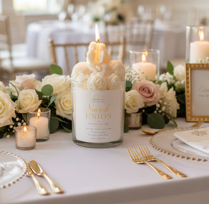 Wedding candle with bride and groom topper displayed on ornate gold tray with white flowers and elegant table décor